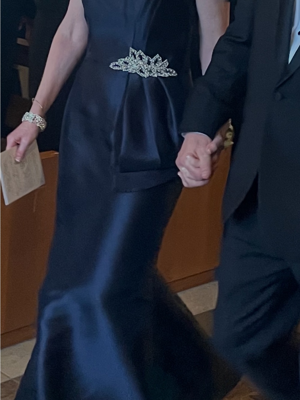 Alexander by Daymor Navy Blue Satin Maxi Dress with Crystal Waist Embellishment